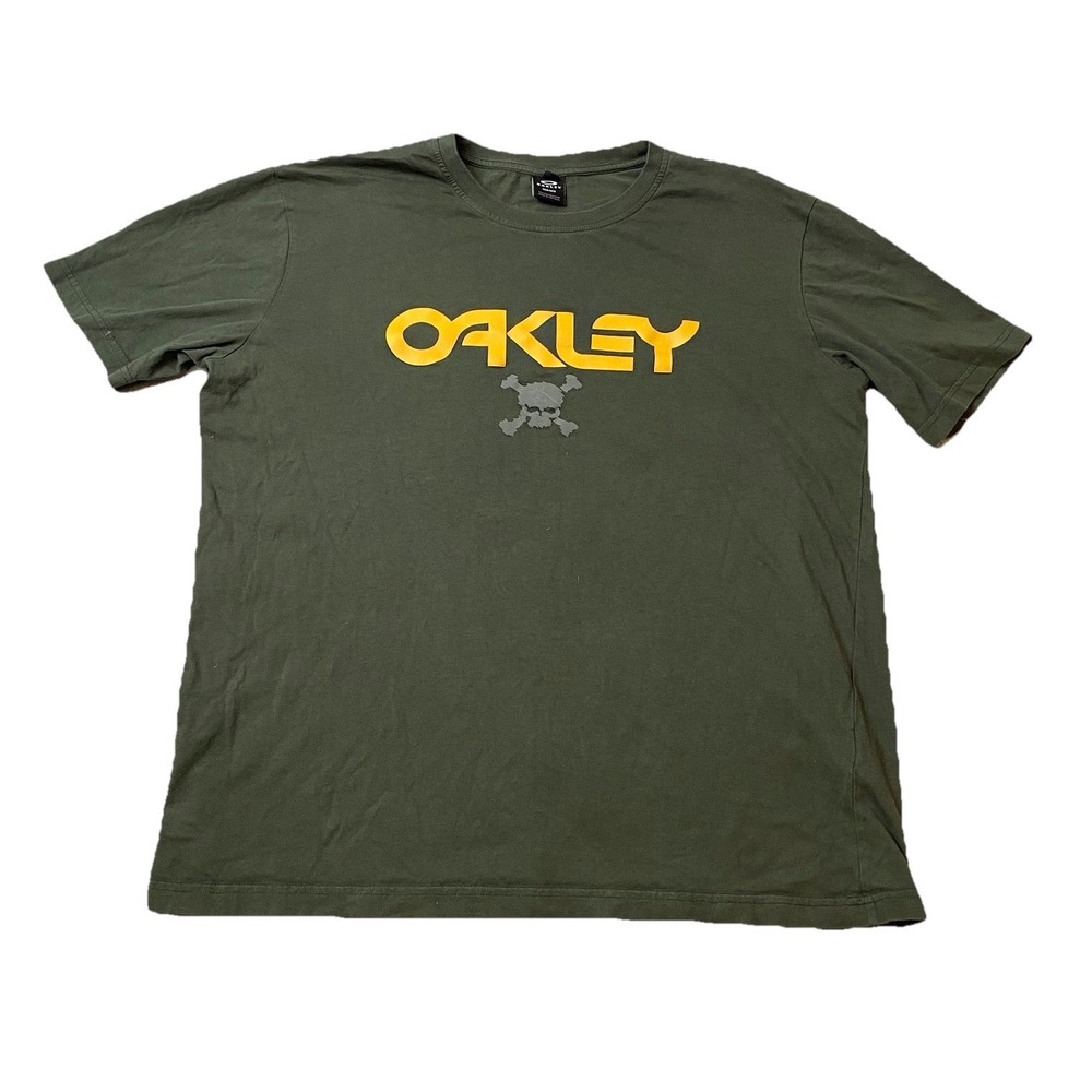 Oakley Skull Logo T Shirt Green Regular Fit Y2K Graphic Short Sleeve L Read*